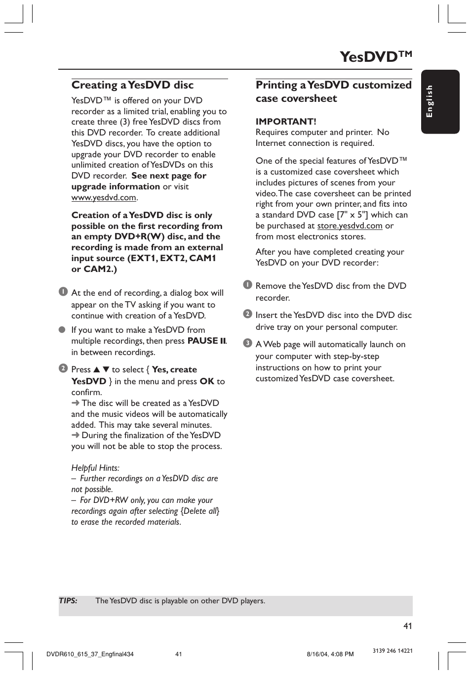 Yesdvd | Philips DVDR615 User Manual | Page 41 / 74
