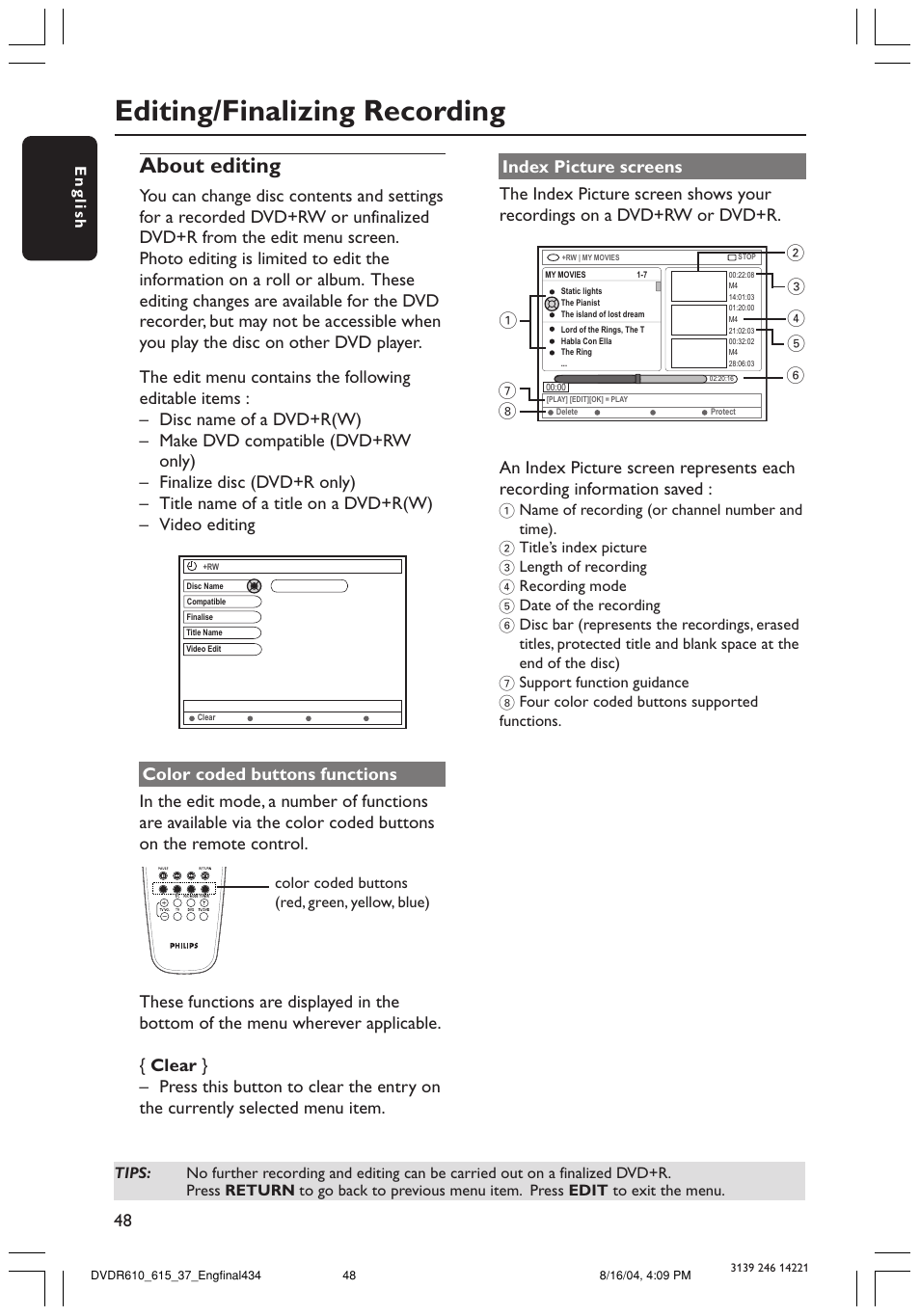 Editing/finalizing recording, About editing | Philips DVDR615 User Manual | Page 48 / 74