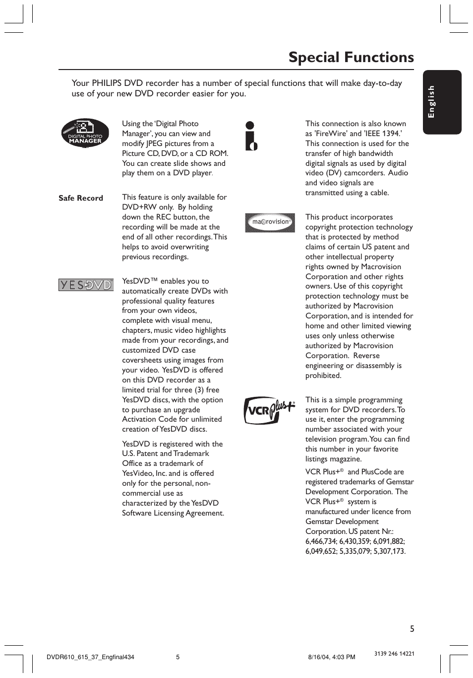 Special functions | Philips DVDR615 User Manual | Page 5 / 74
