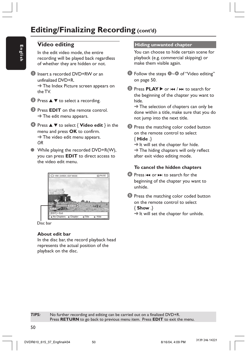 Editing/finalizing recording, Video editing | Philips DVDR615 User Manual | Page 50 / 74