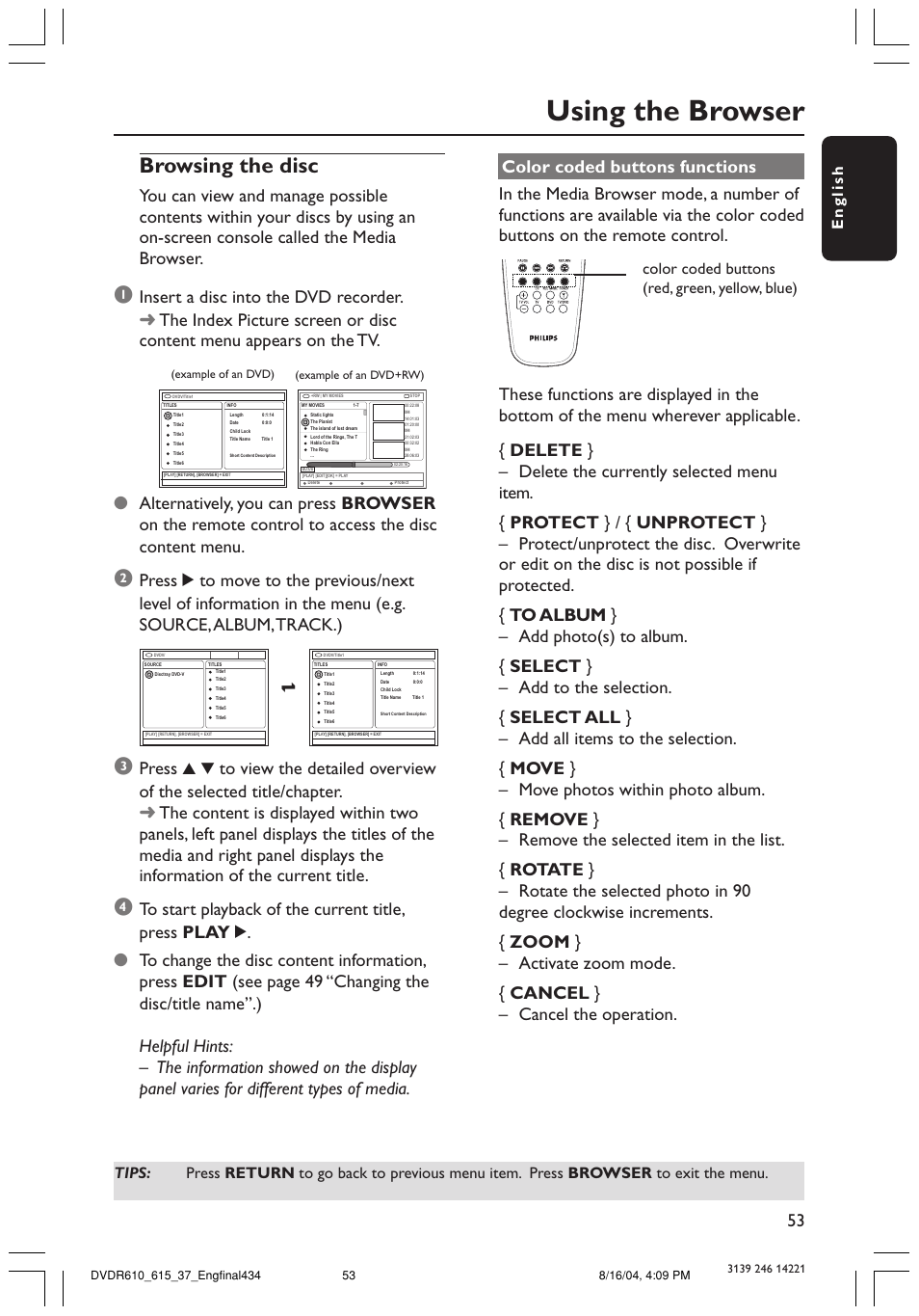 Using the browser, Browsing the disc, English | Philips DVDR615 User Manual | Page 53 / 74