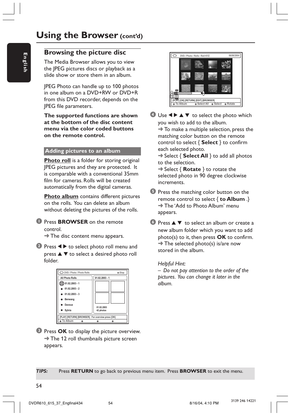 Using the browser, Browsing the picture disc, Cont’d) | Philips DVDR615 User Manual | Page 54 / 74