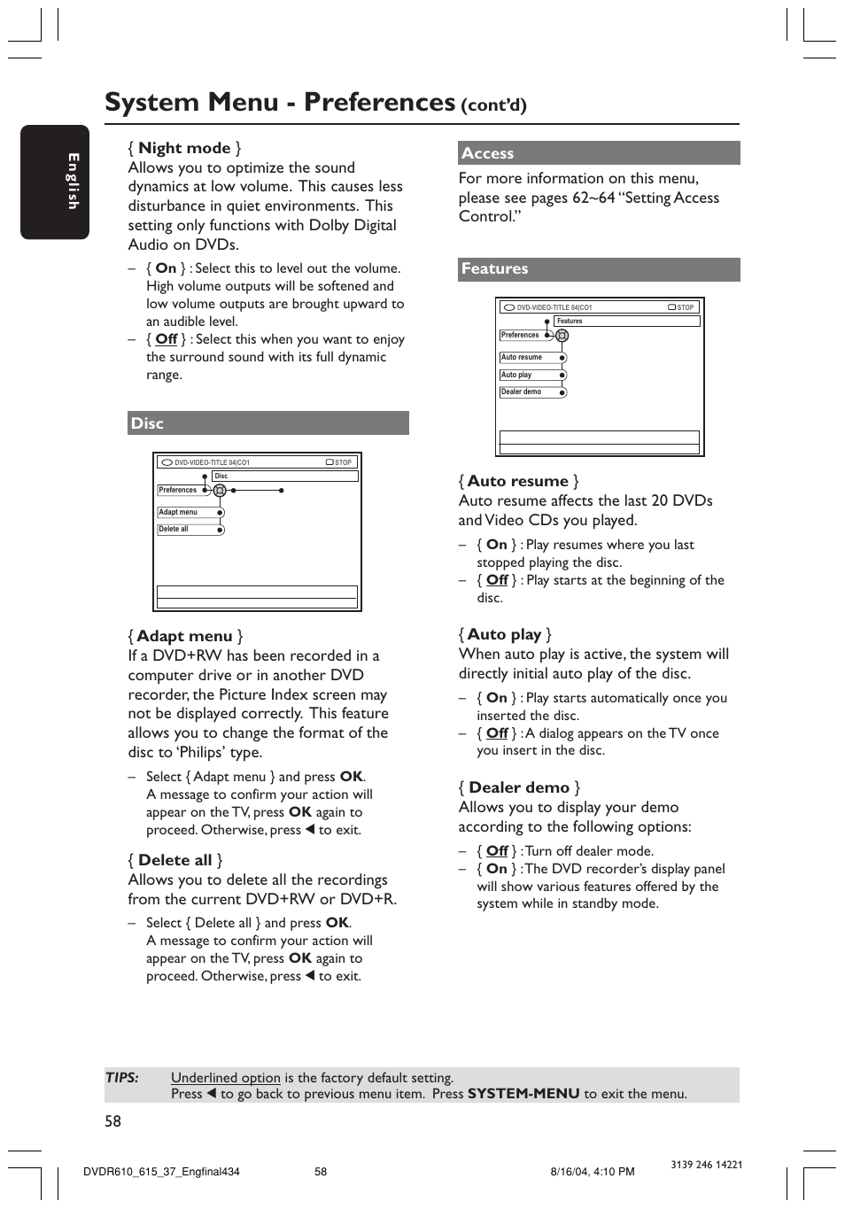 System menu - preferences, Cont’d) | Philips DVDR615 User Manual | Page 58 / 74