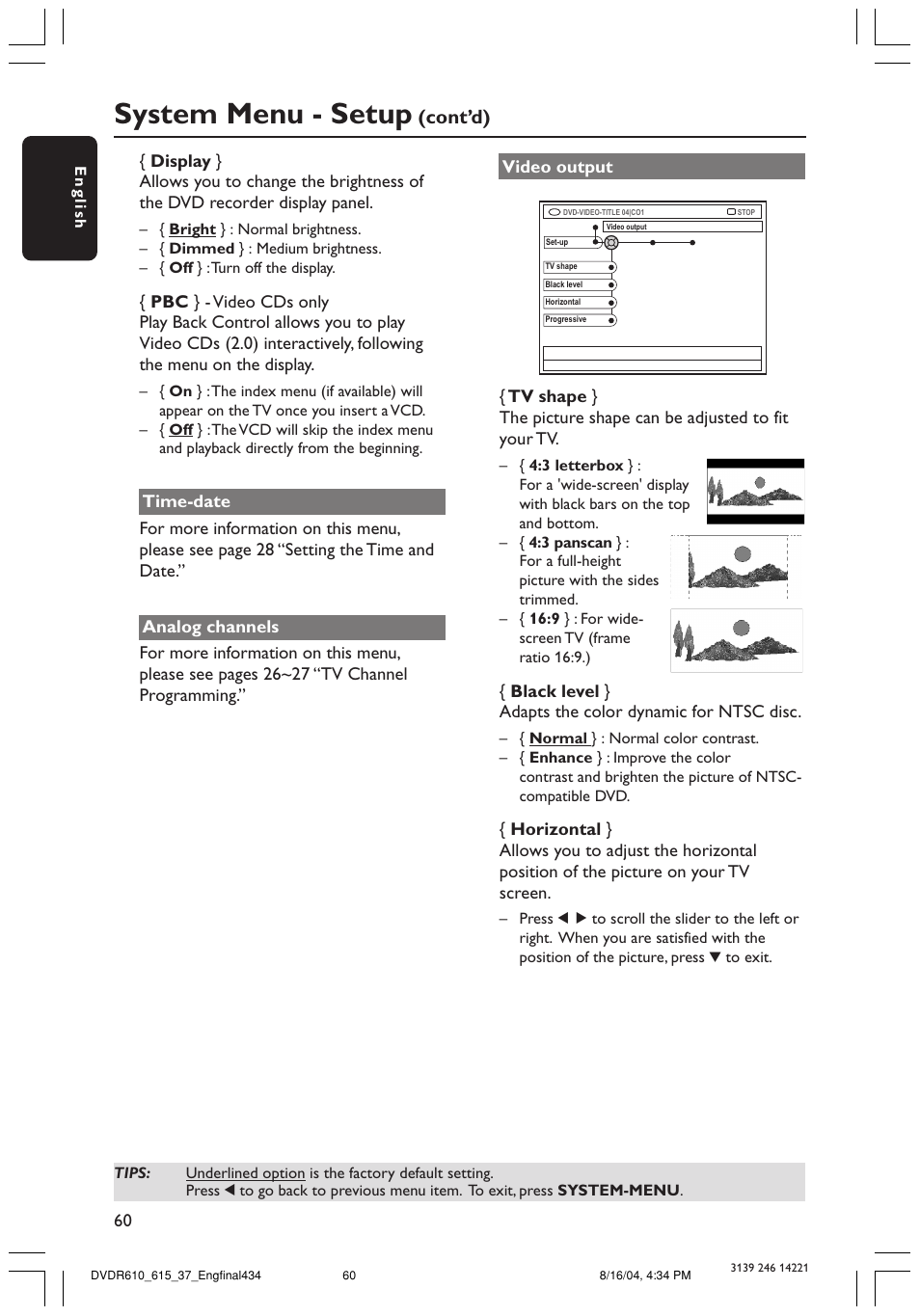 System menu - setup, Cont’d) | Philips DVDR615 User Manual | Page 60 / 74