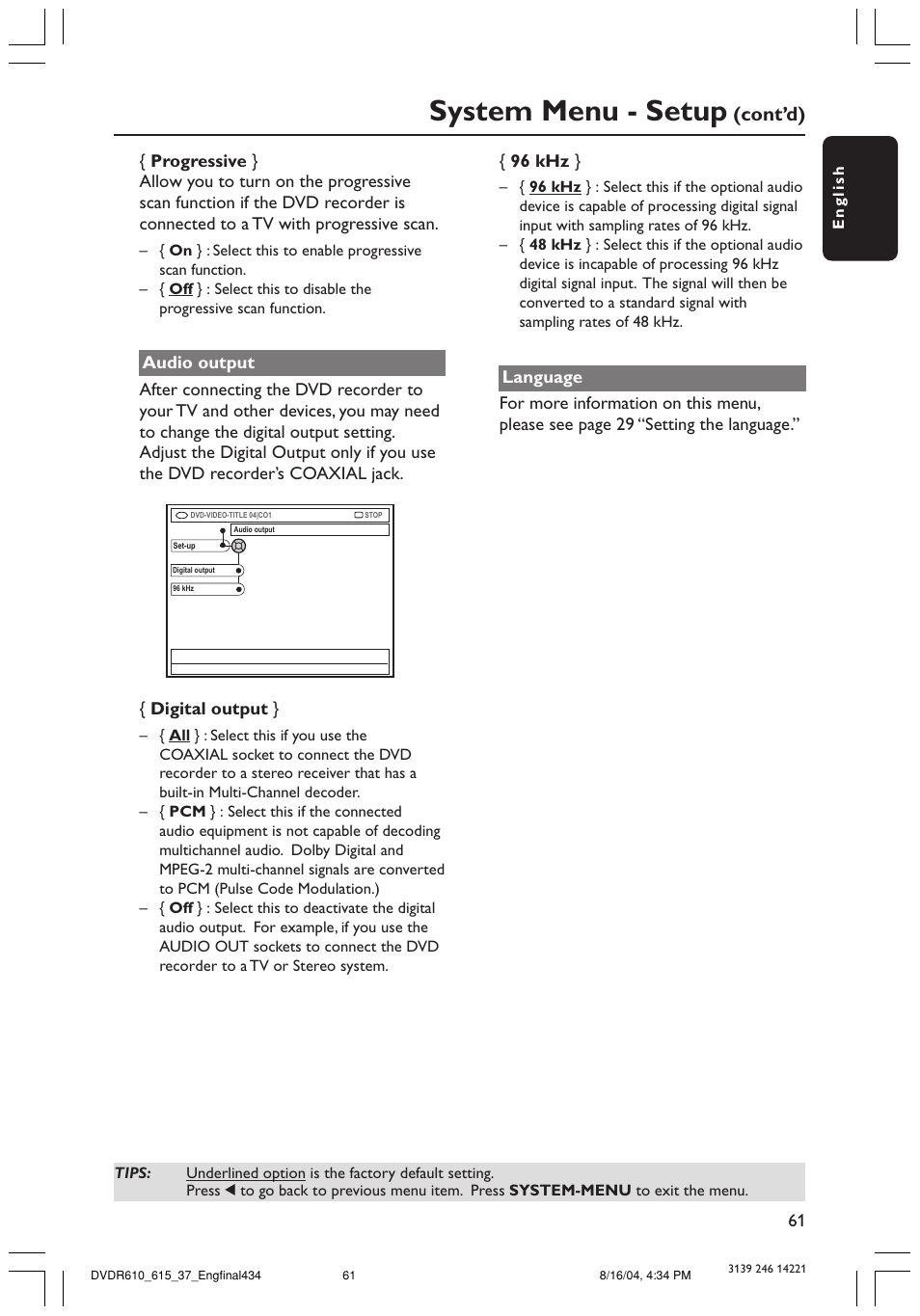 System menu - setup, Cont’d) | Philips DVDR615 User Manual | Page 61 / 74