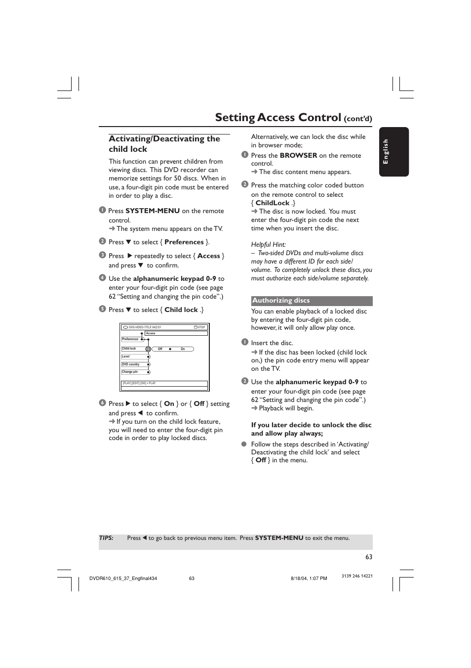 Setting access control, Activating/deactivating the child lock | Philips DVDR615 User Manual | Page 63 / 74