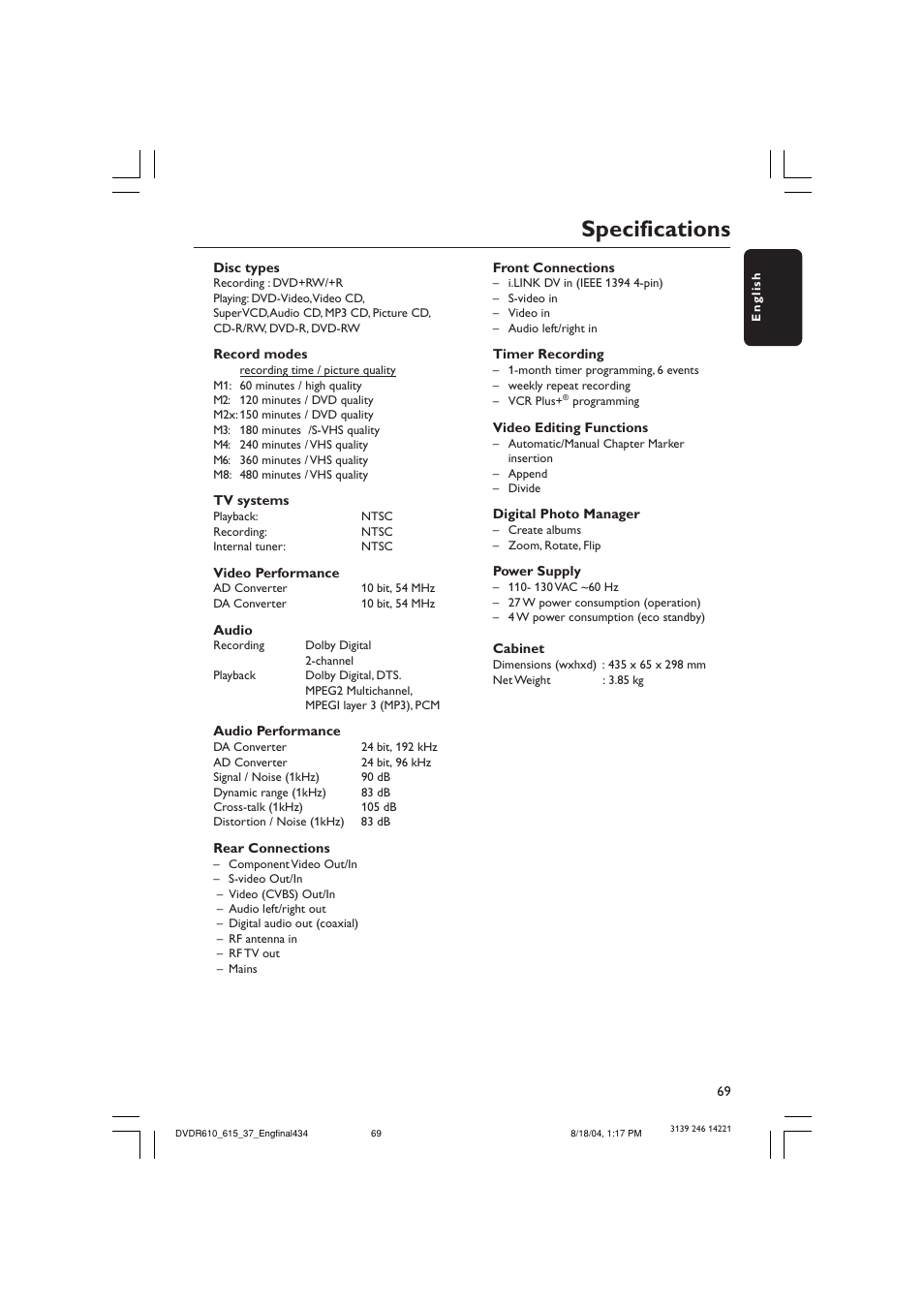 Specifications | Philips DVDR615 User Manual | Page 69 / 74