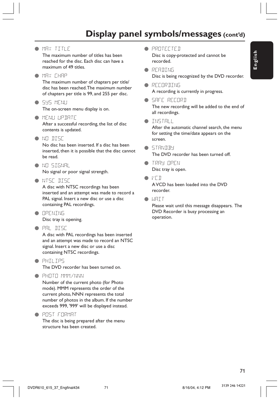 Display panel symbols/messages | Philips DVDR615 User Manual | Page 71 / 74