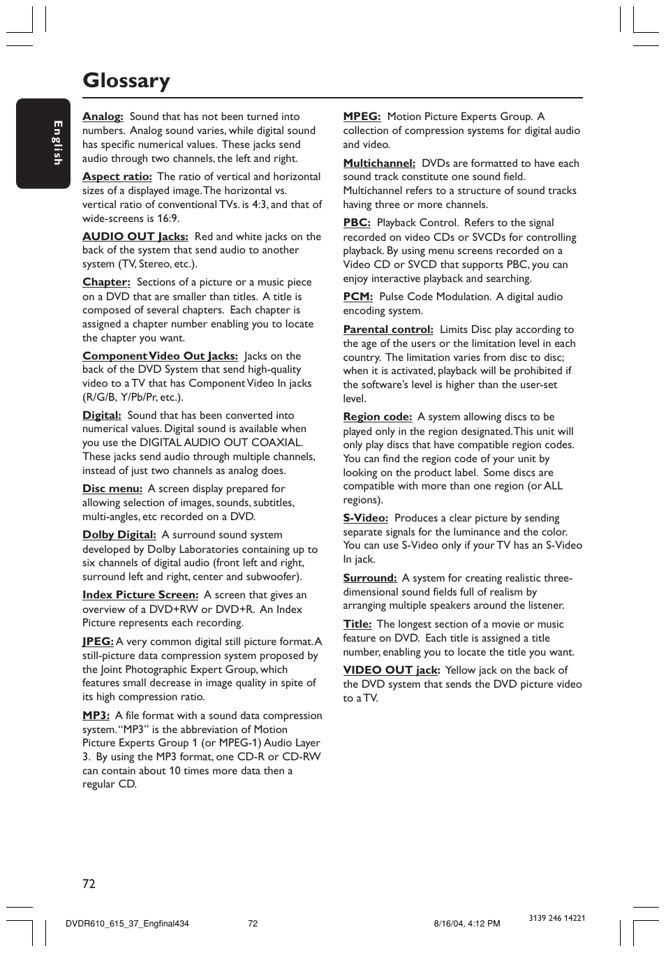 Glossary | Philips DVDR615 User Manual | Page 72 / 74