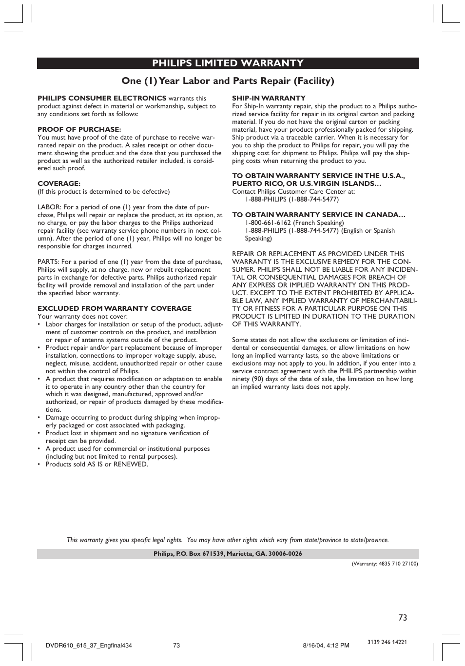 Philips DVDR615 User Manual | Page 73 / 74