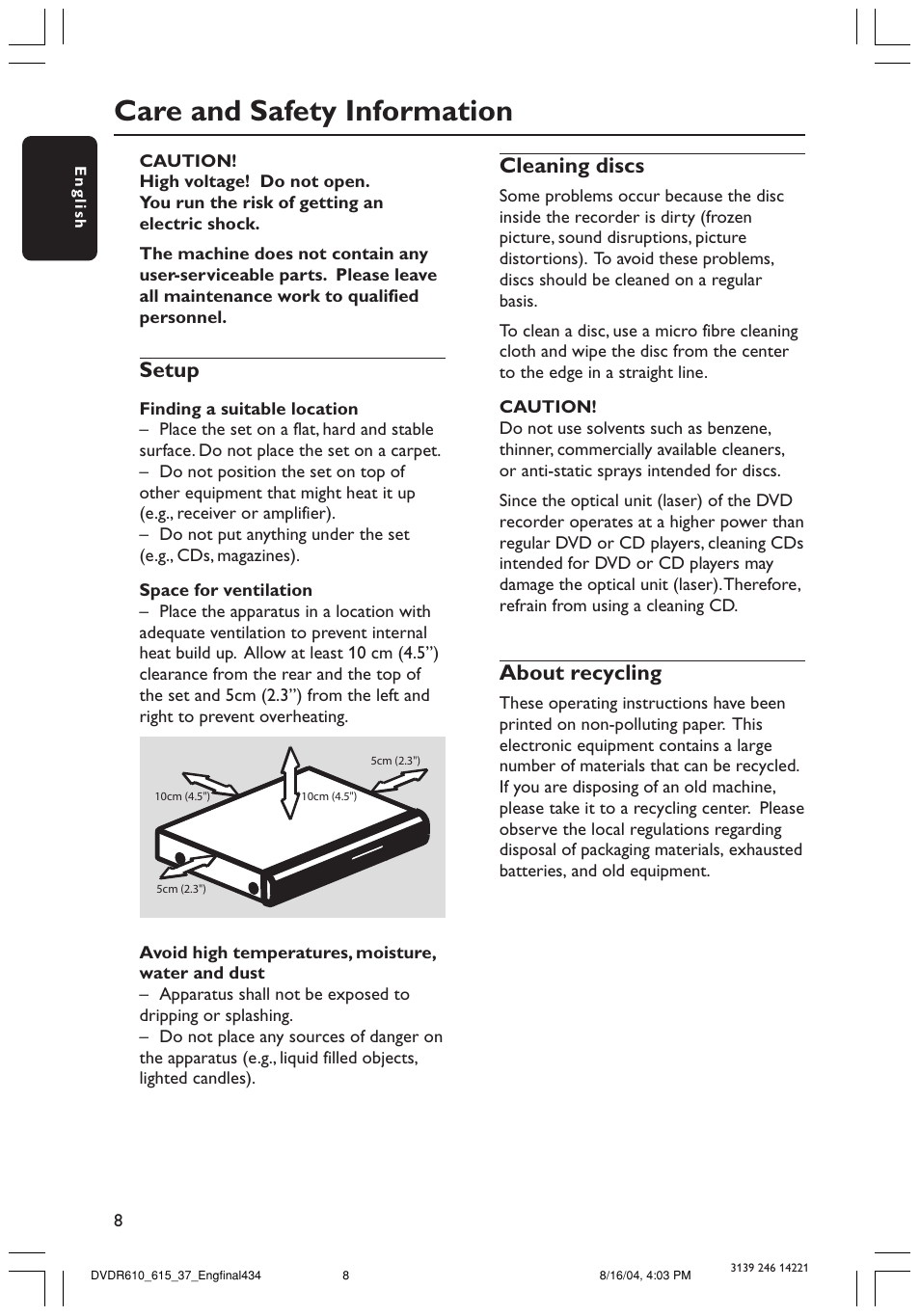 Care and safety information, Setup, Cleaning discs | About recycling | Philips DVDR615 User Manual | Page 8 / 74