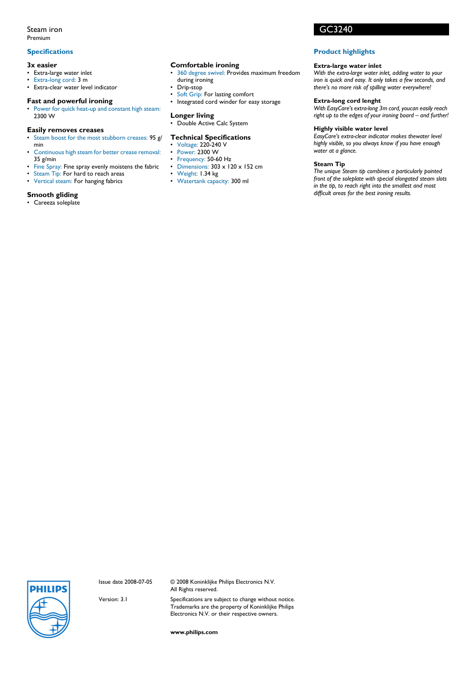 Gc3240 | Philips GC3240  EN User Manual | Page 2 / 2