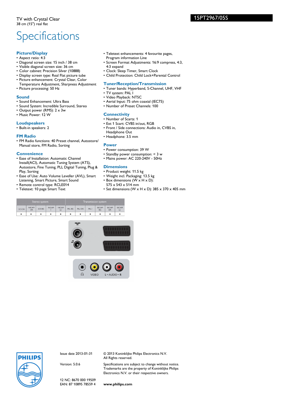 Specifications | Philips 15PT2967 User Manual | Page 3 / 3