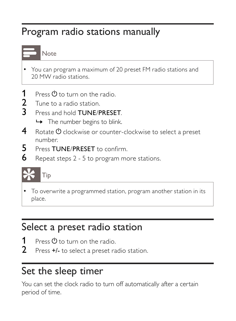 Program radio stations manually, Select a preset radio station, Set the sleep timer | Philips AE3300 User Manual | Page 10 / 13