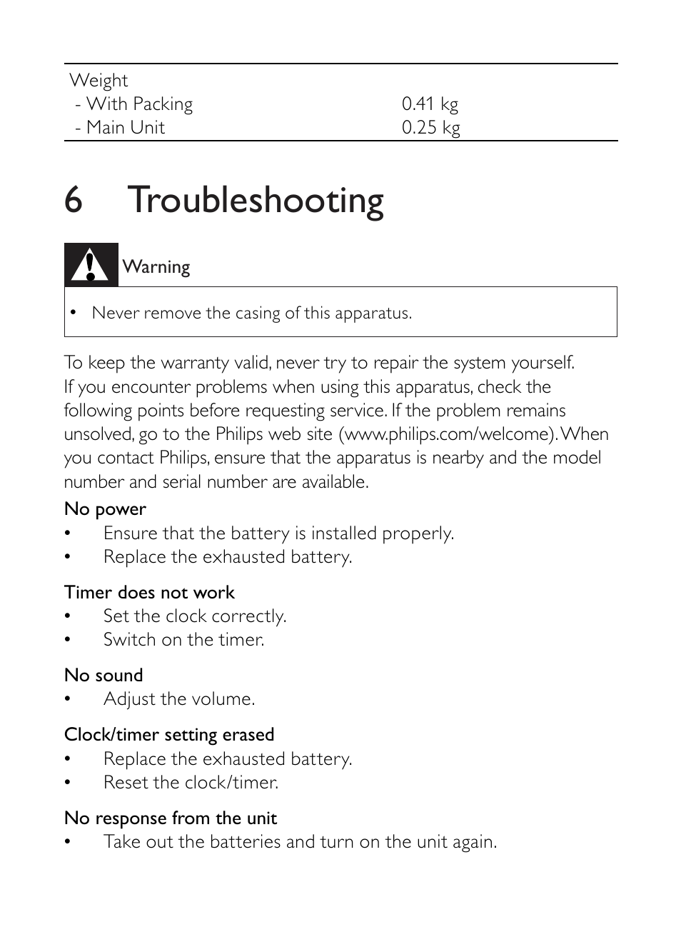 6 troubleshooting | Philips AE3300 User Manual | Page 12 / 13