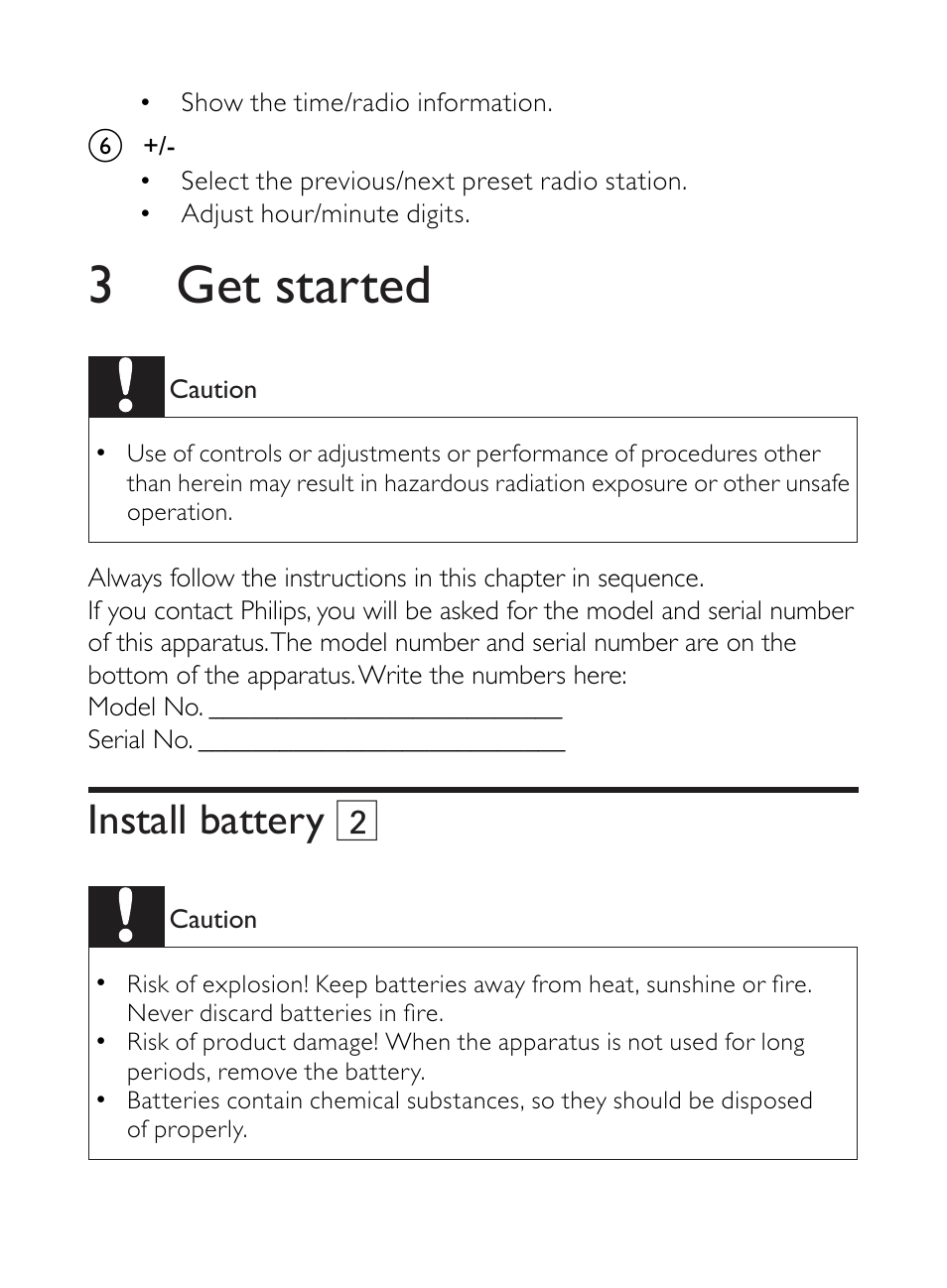 3 get started, Install battery 2 | Philips AE3300 User Manual | Page 7 / 13