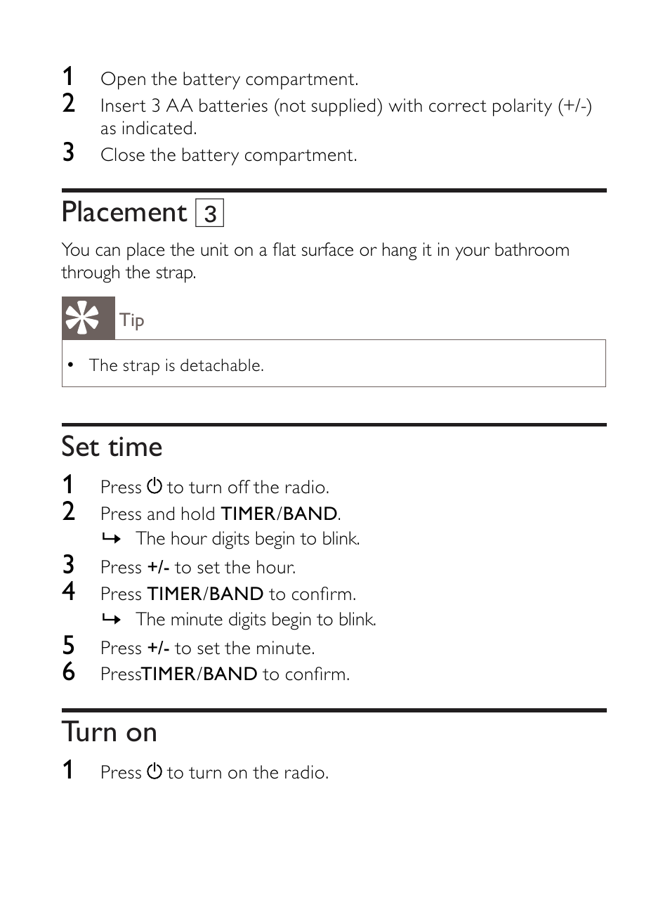 Placement 3, Set time, Turn on | Philips AE3300 User Manual | Page 8 / 13