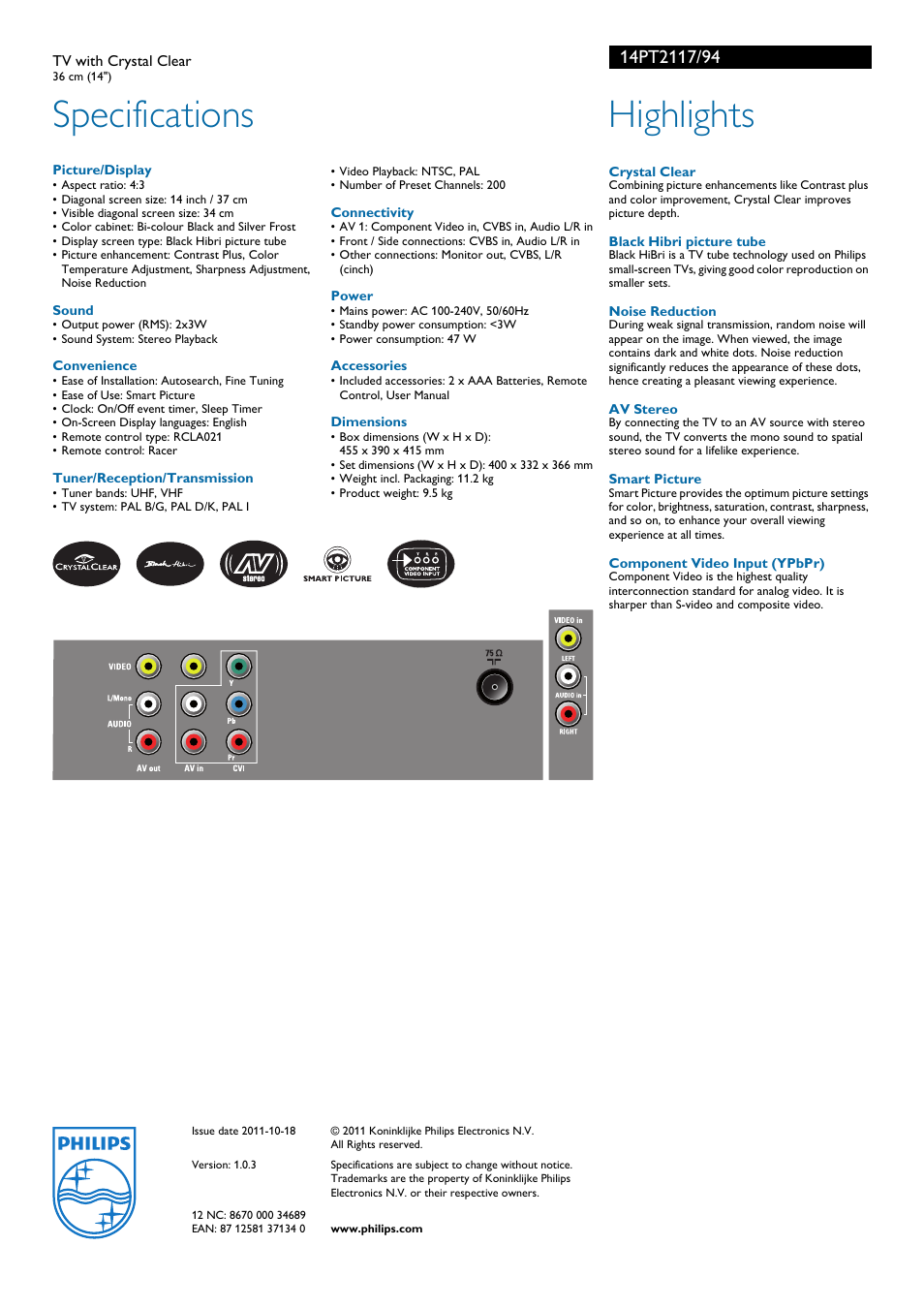 Specifications, Highlights | Philips 14PT2117 User Manual | Page 2 / 2