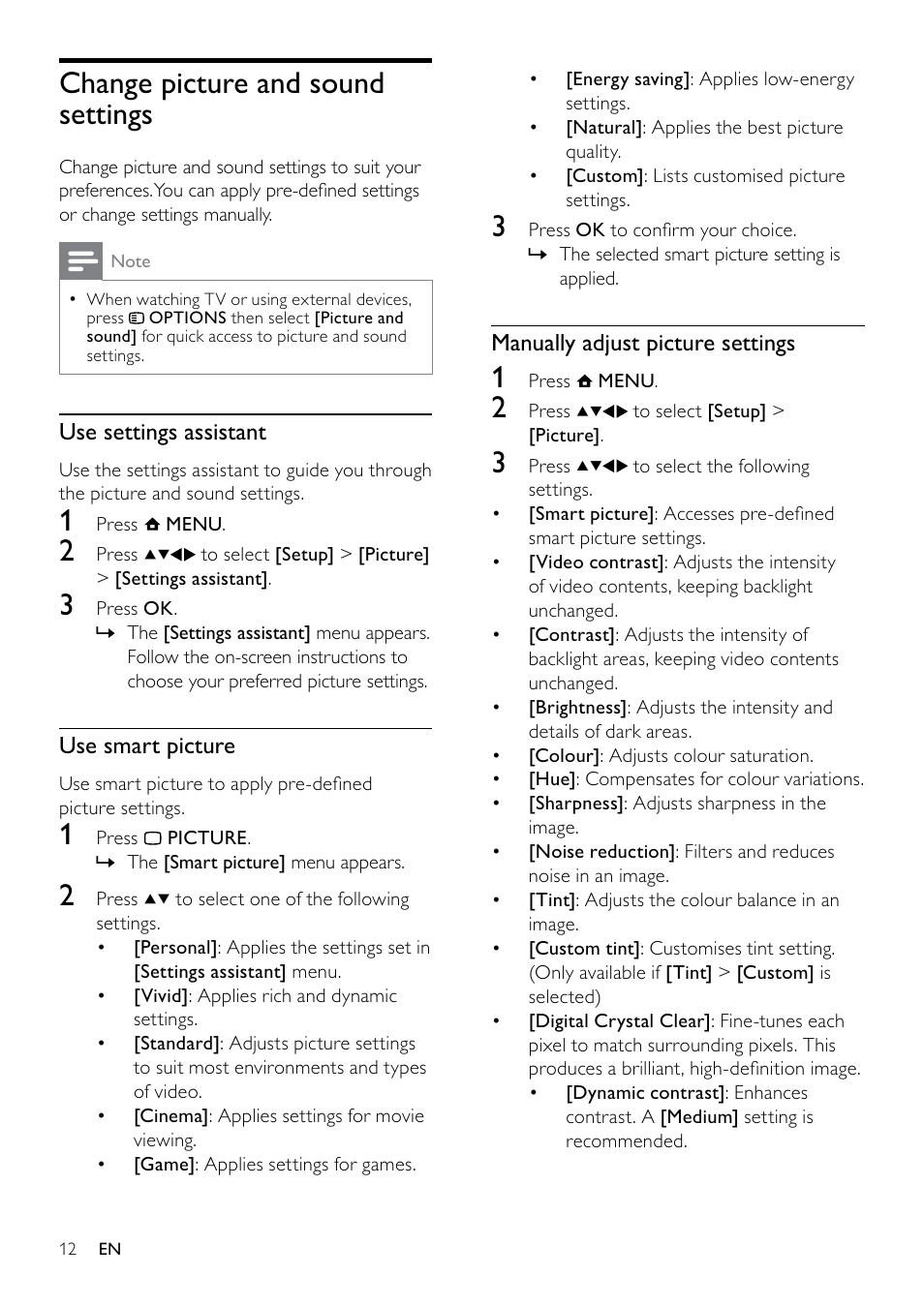 Change picture and sound settings | Philips 19PFL3405H/12 User Manual | Page 14 / 49