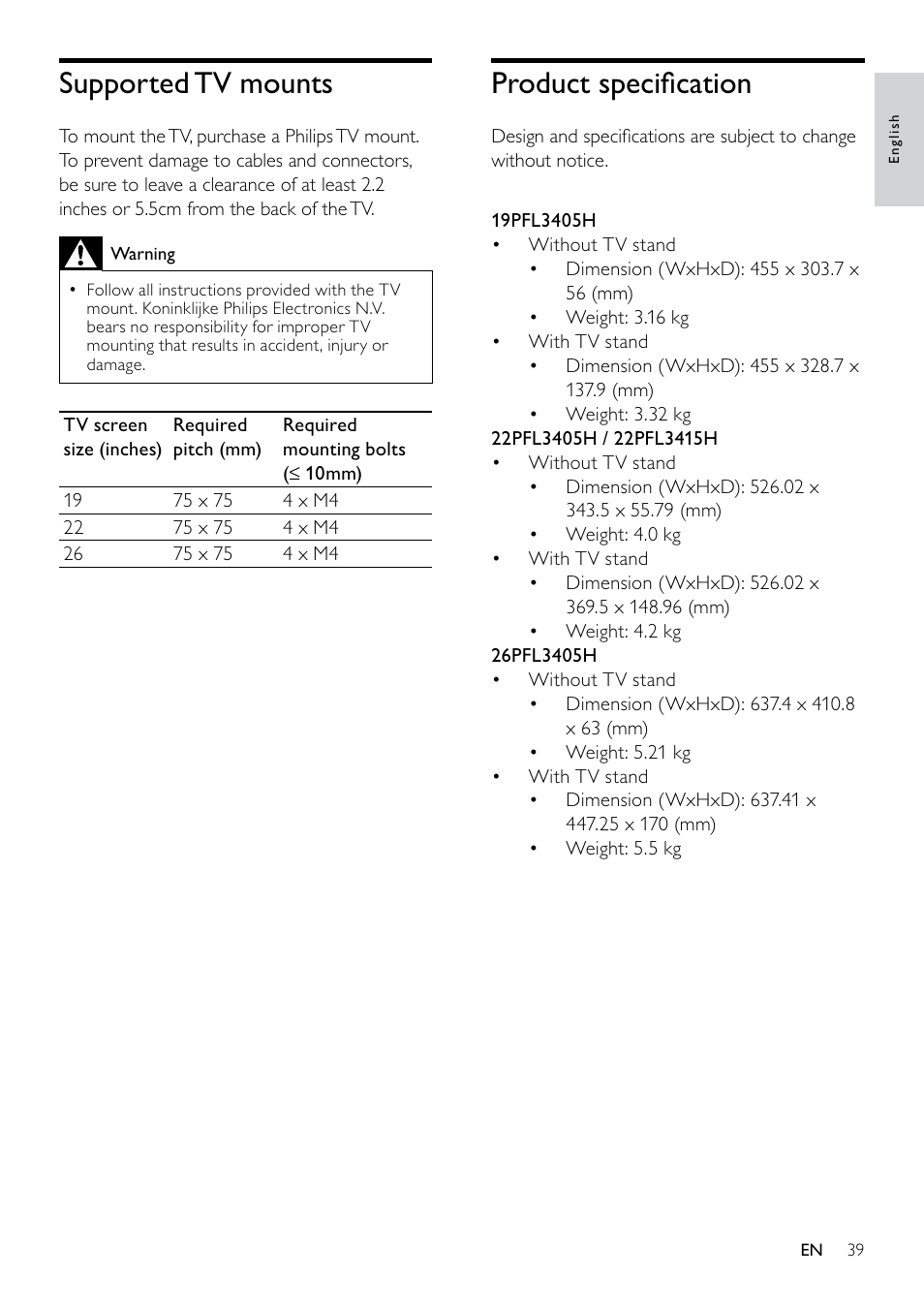 Product speciﬁcation, Supported tv mounts | Philips 19PFL3405H/12 User Manual | Page 41 / 49