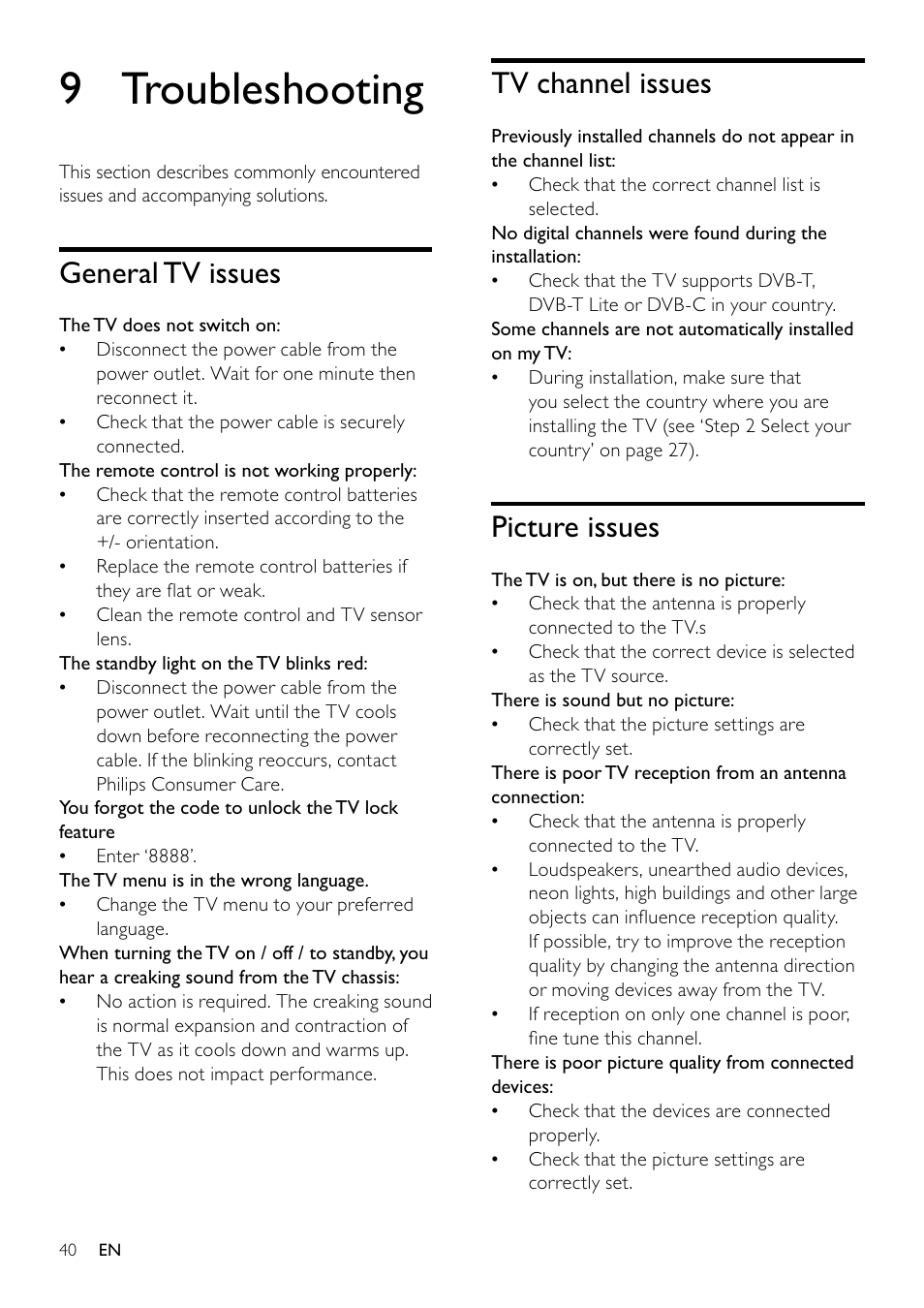 9 troubleshooting, Tv channel issues, Picture issues | General tv issues | Philips 19PFL3405H/12 User Manual | Page 42 / 49