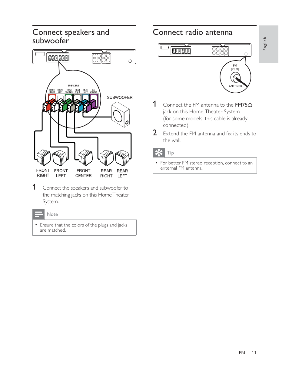 Connect radio antenna 1, Connect speakers and subwoofer 1 | Philips HTS3181 User Manual | Page 11 / 38