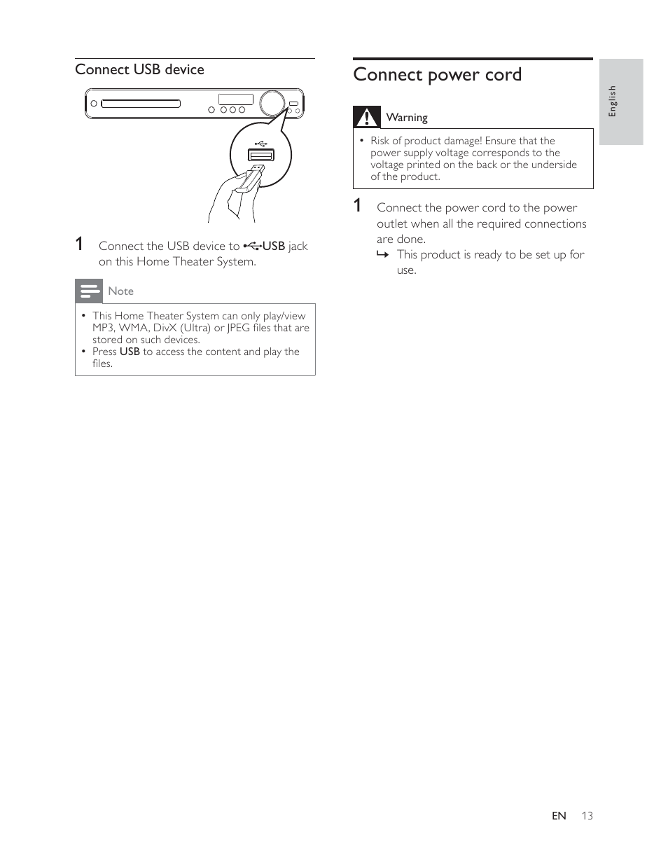 Connect power cord, Connect usb device | Philips HTS3181 User Manual | Page 13 / 38