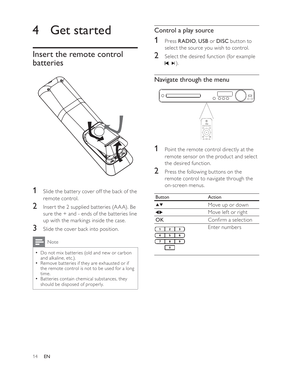 4 get started, Insert the remote control batteries 1 | Philips HTS3181 User Manual | Page 14 / 38