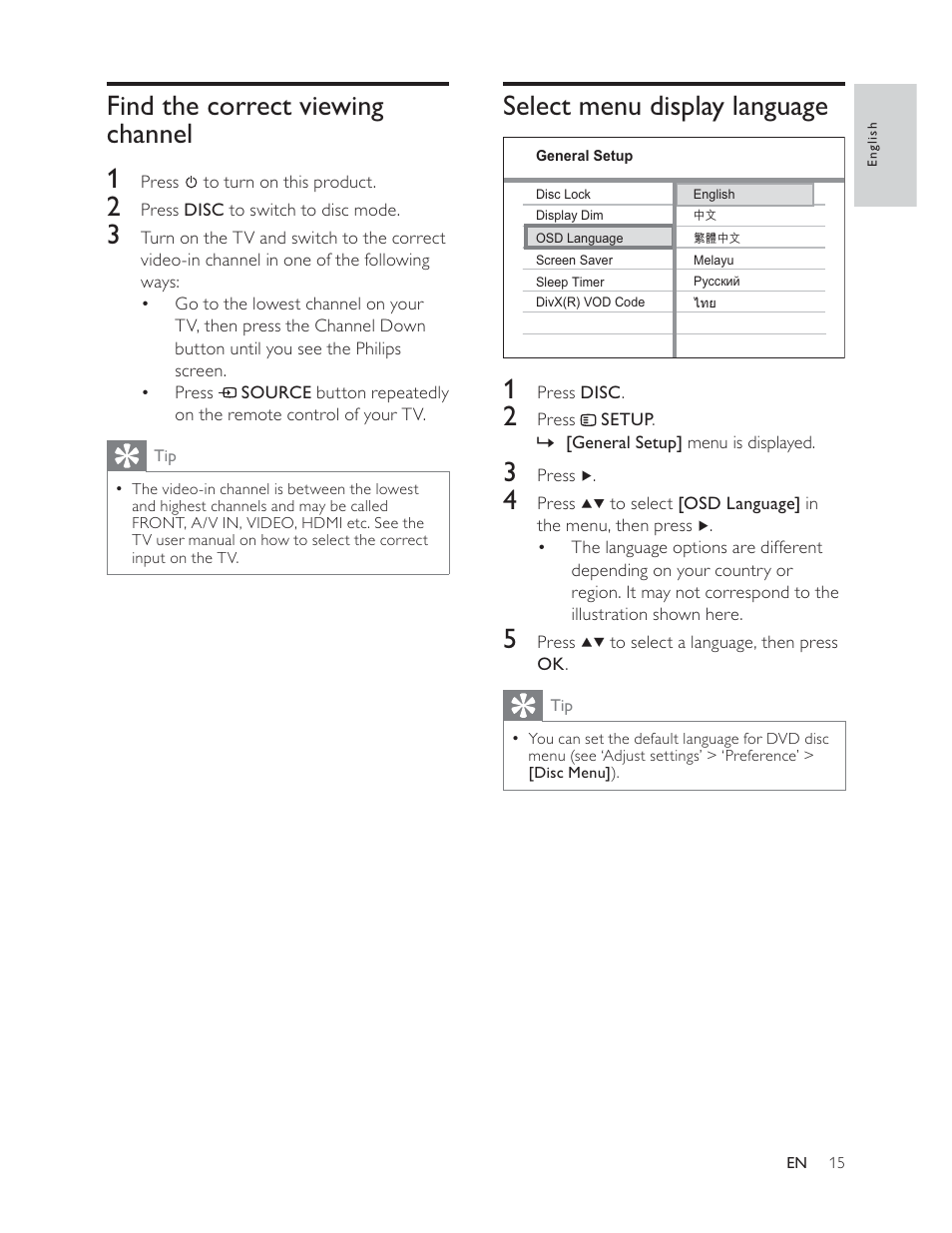 Select menu display language 1, Find the correct viewing channel 1 | Philips HTS3181 User Manual | Page 15 / 38