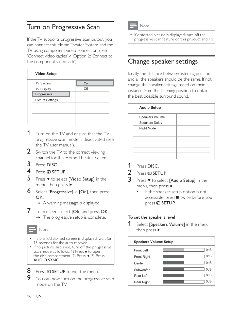Change speaker settings, Turn on progressive scan | Philips HTS3181 User Manual | Page 16 / 38