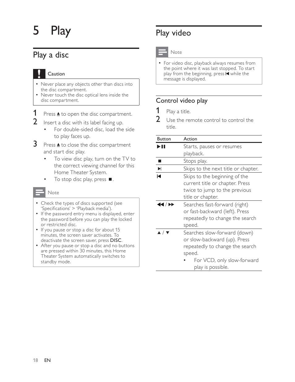 5 play, Play video, Play a disc | Philips HTS3181 User Manual | Page 18 / 38