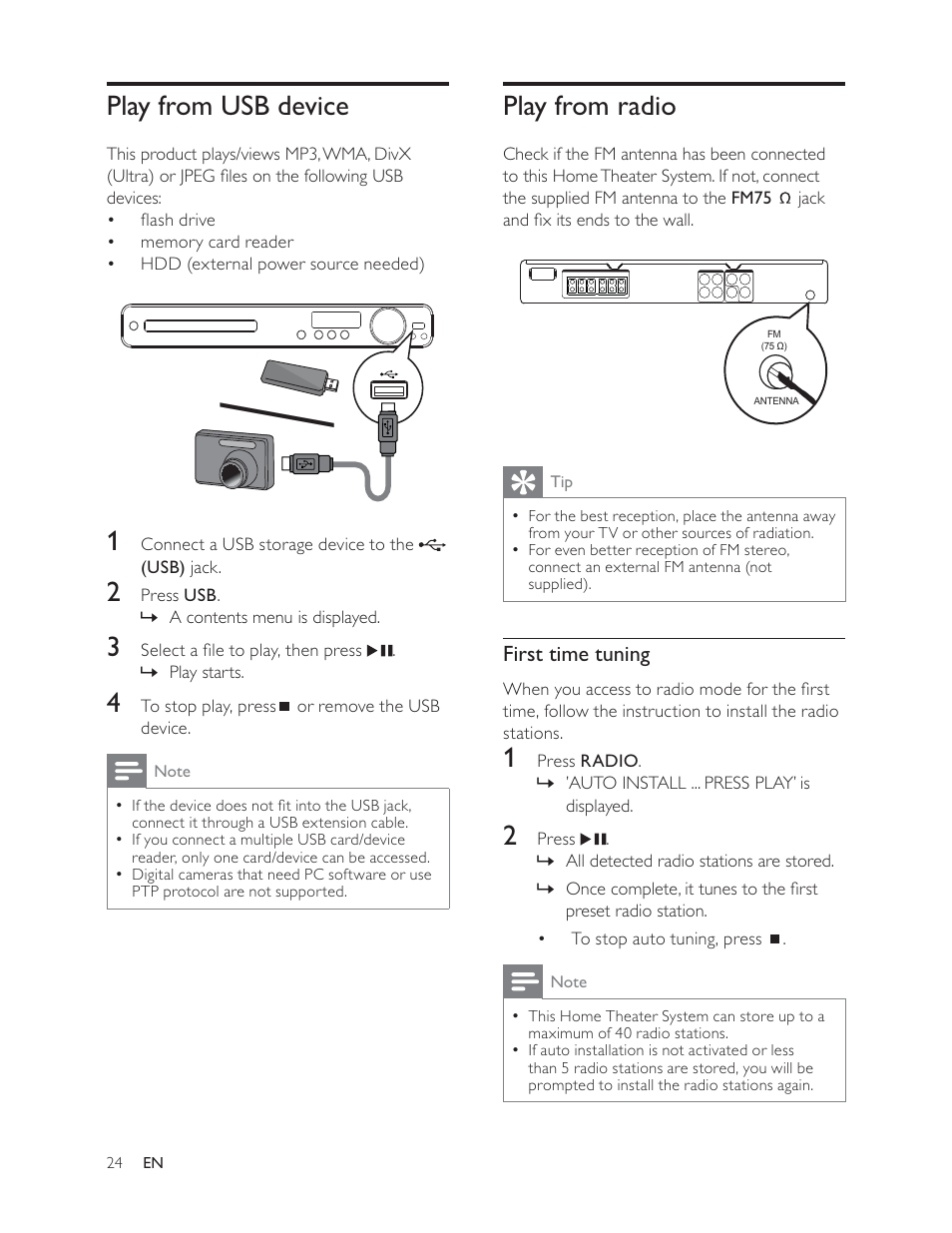 Play from radio, Play from usb device | Philips HTS3181 User Manual | Page 24 / 38