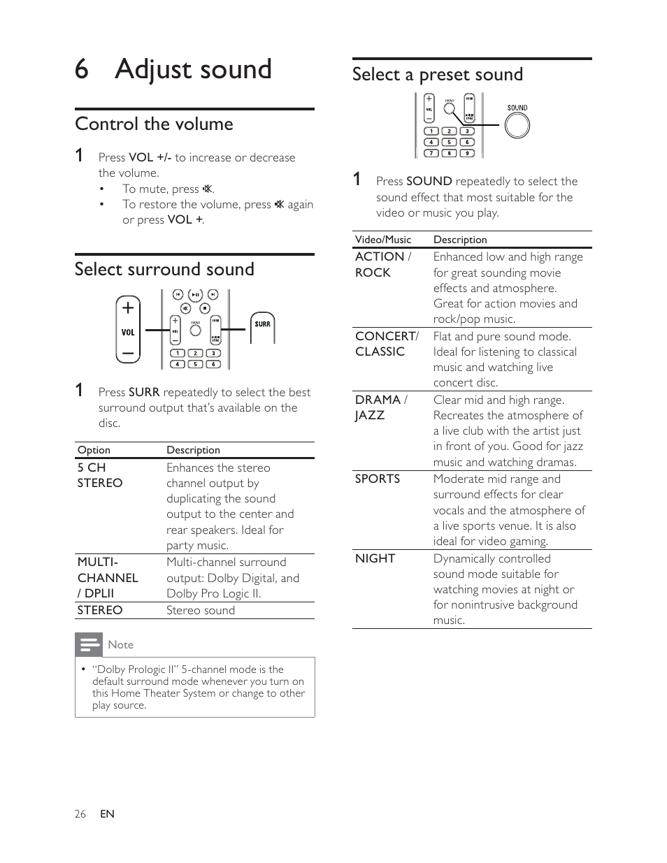 6 adjust sound, Select a preset sound 1, Control the volume 1 | Select surround sound 1 | Philips HTS3181 User Manual | Page 26 / 38