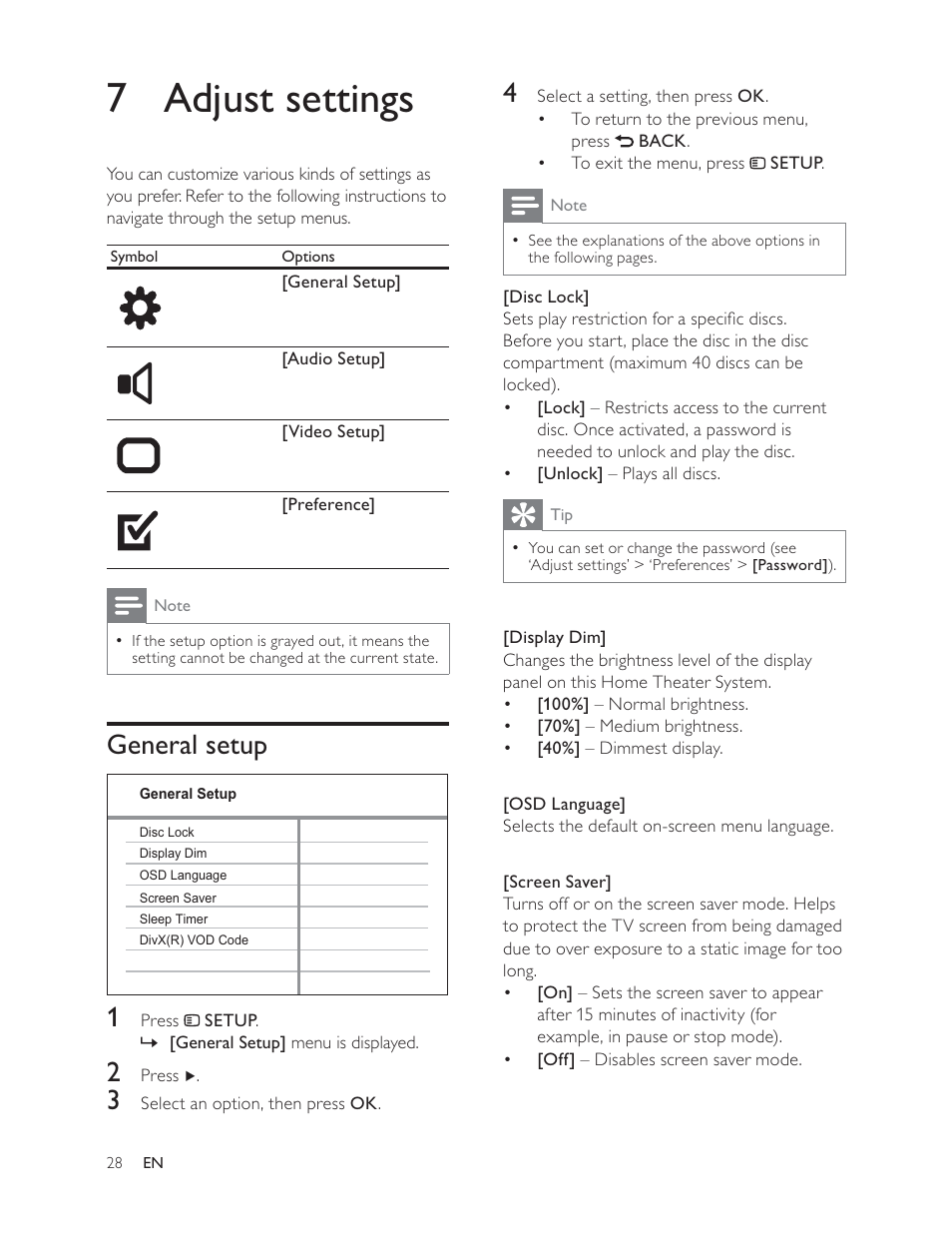 7 adjust settings, General setup 1 | Philips HTS3181 User Manual | Page 28 / 38