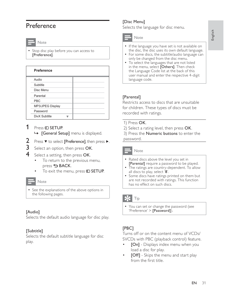 Preference | Philips HTS3181 User Manual | Page 31 / 38