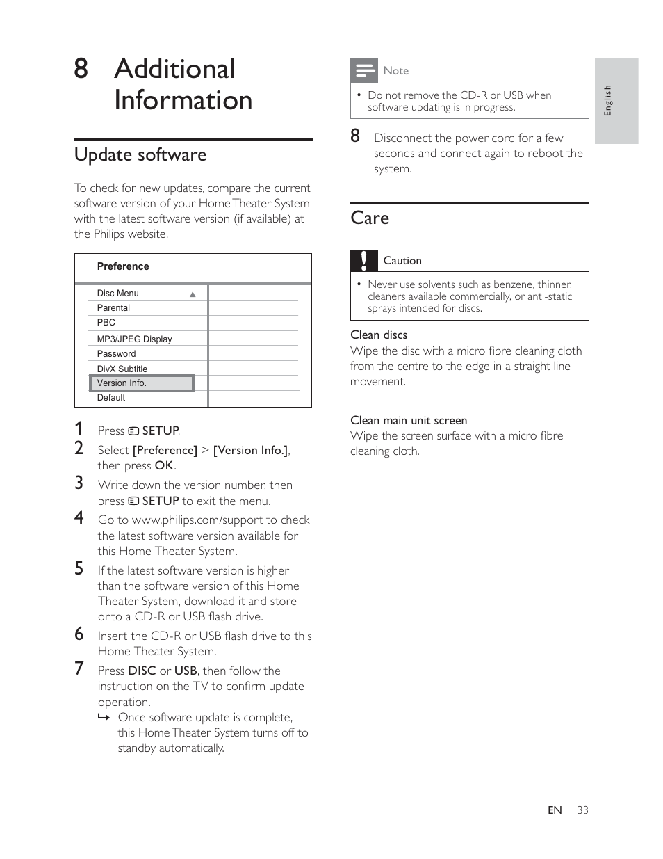 8 additional information, Care, Update software | Philips HTS3181 User Manual | Page 33 / 38
