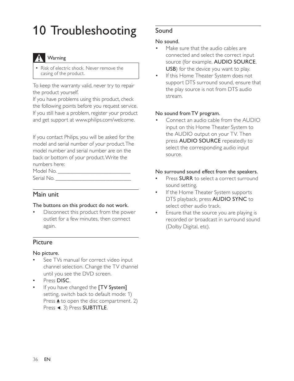 10 troubleshooting | Philips HTS3181 User Manual | Page 36 / 38