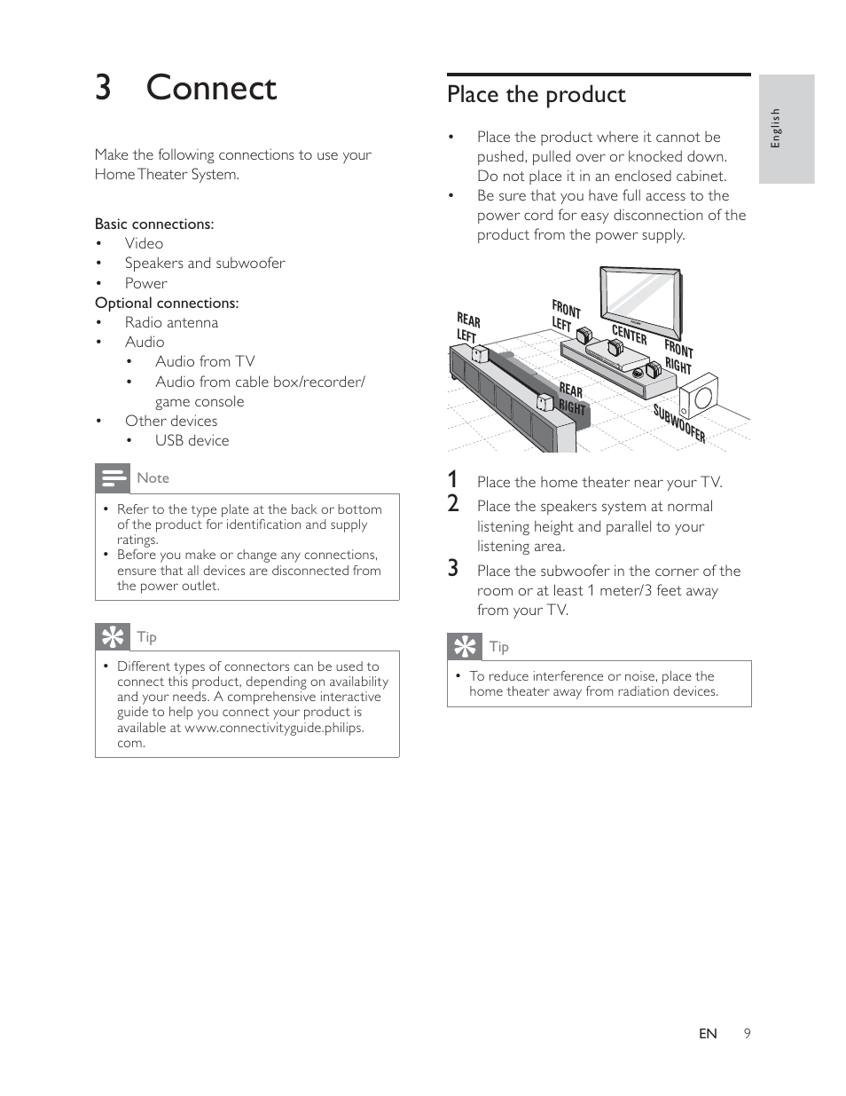 3 connect, Place the product | Philips HTS3181 User Manual | Page 9 / 38
