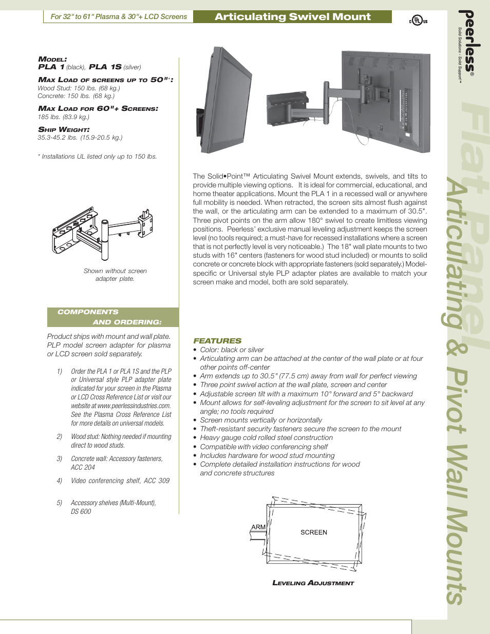 Flat panel, Articulating & pivot w all mounts | Philips PLA-1 User Manual | Page 3 / 3