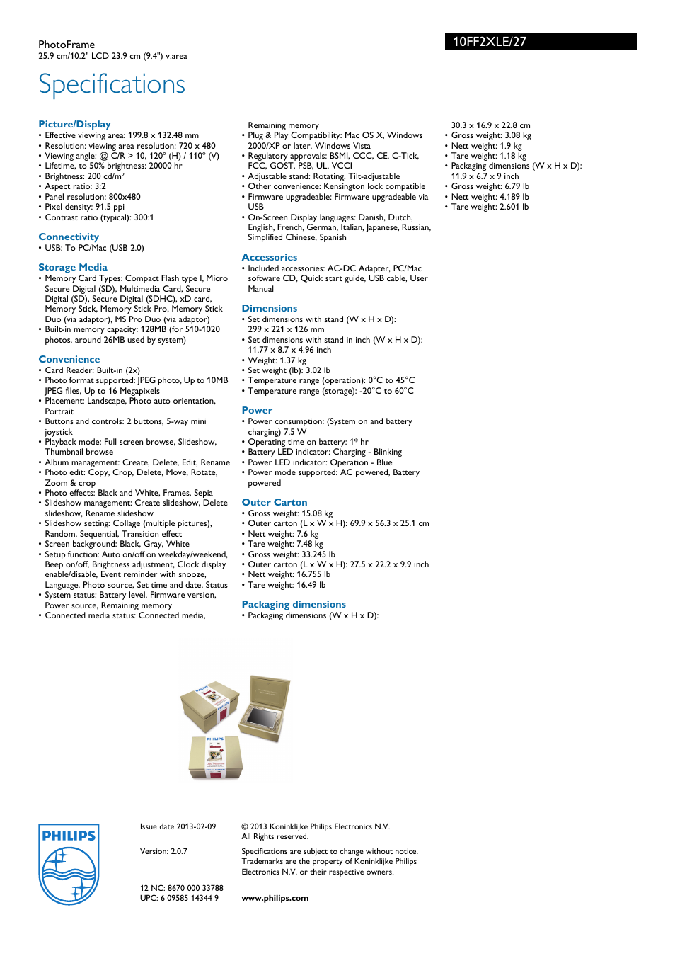 Specifications | Philips 10FF2XLE User Manual | Page 3 / 3