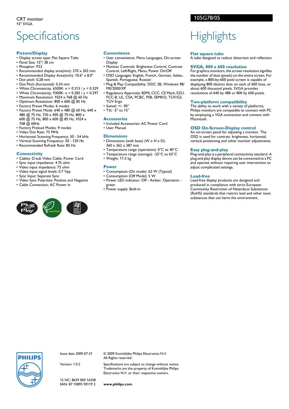 Specifications, Highlights | Philips 105G78 User Manual | Page 2 / 2