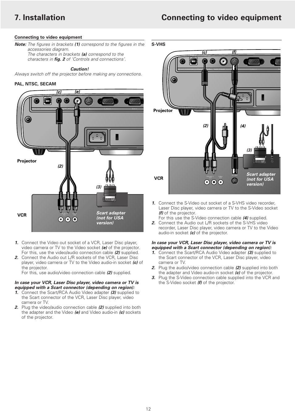 Connecting to video equipment, Installation, Projector | 2) (4) (c) (f), Vcr projector, 2) (c) (e), 12 scart adapter (not for usa version) (3), Scart adapter (not for usa version) (3) | Philips cSmart Series User Manual | Page 12 / 23