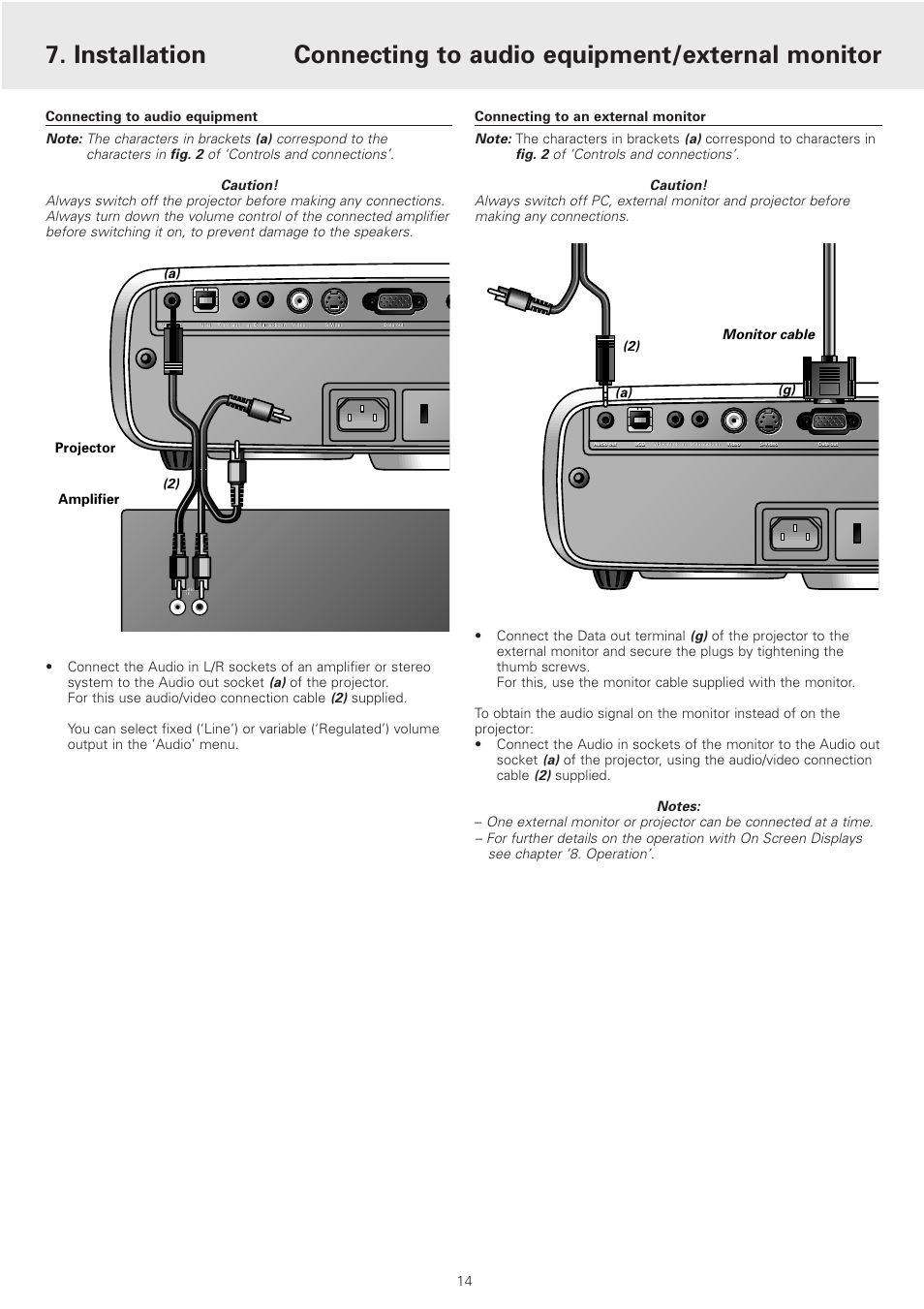 Connecting to audio equipment, Connecting to an external monitor, 2) (a) (g) projector amplifier | 2) (a) | Philips cSmart Series User Manual | Page 14 / 23