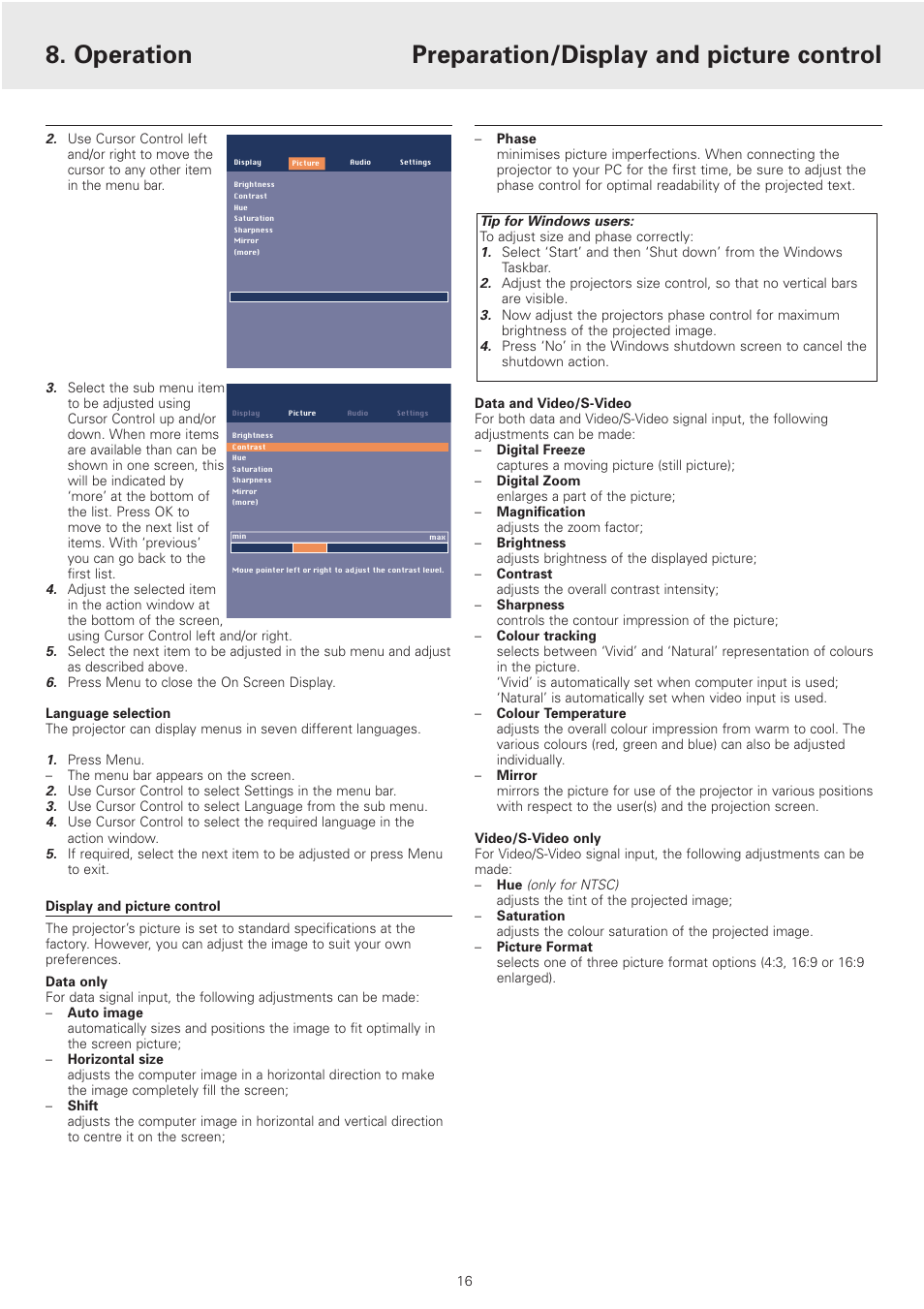 Display and picture control, Operation preparation/display and picture control | Philips cSmart Series User Manual | Page 16 / 23