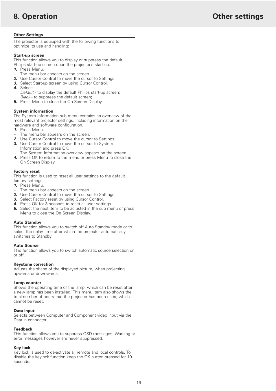 Other settings, Operation | Philips cSmart Series User Manual | Page 19 / 23