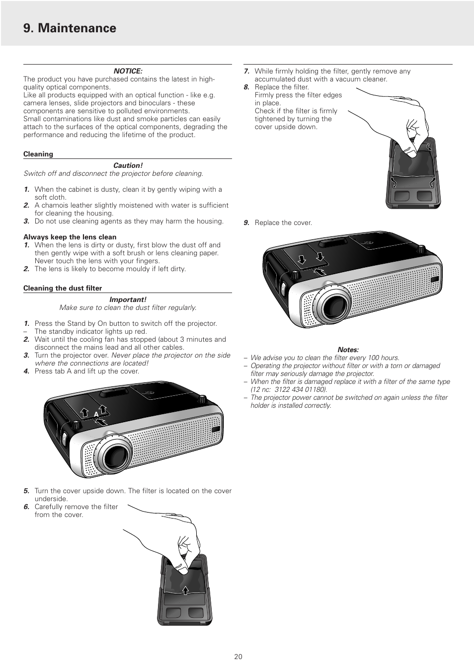 Maintenance, Cleaning, Cleaning the dust filter | Philips cSmart Series User Manual | Page 20 / 23