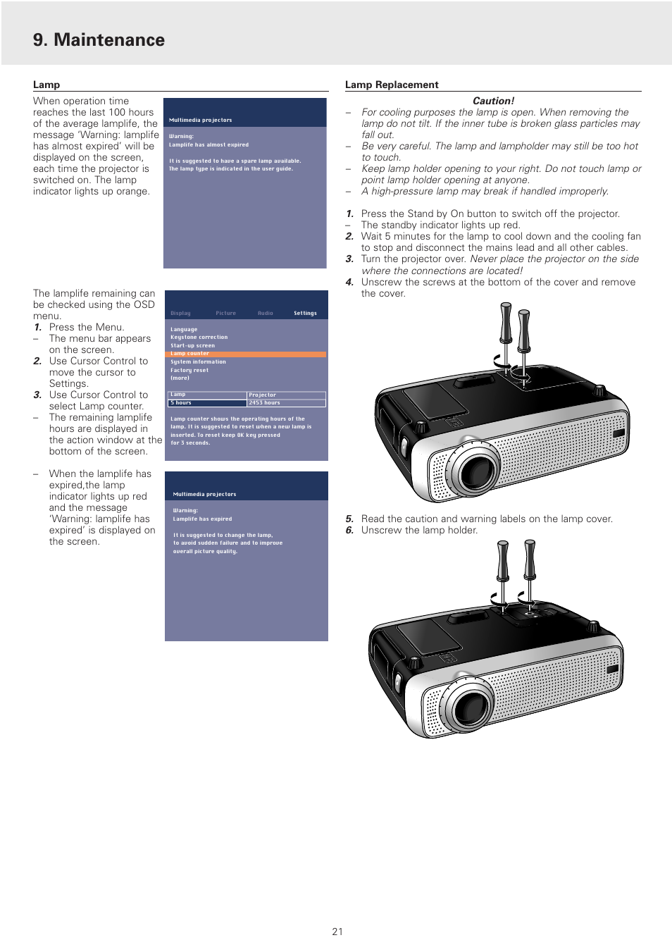 Lamp, Lamp replacement, Maintenance | Philips cSmart Series User Manual | Page 21 / 23