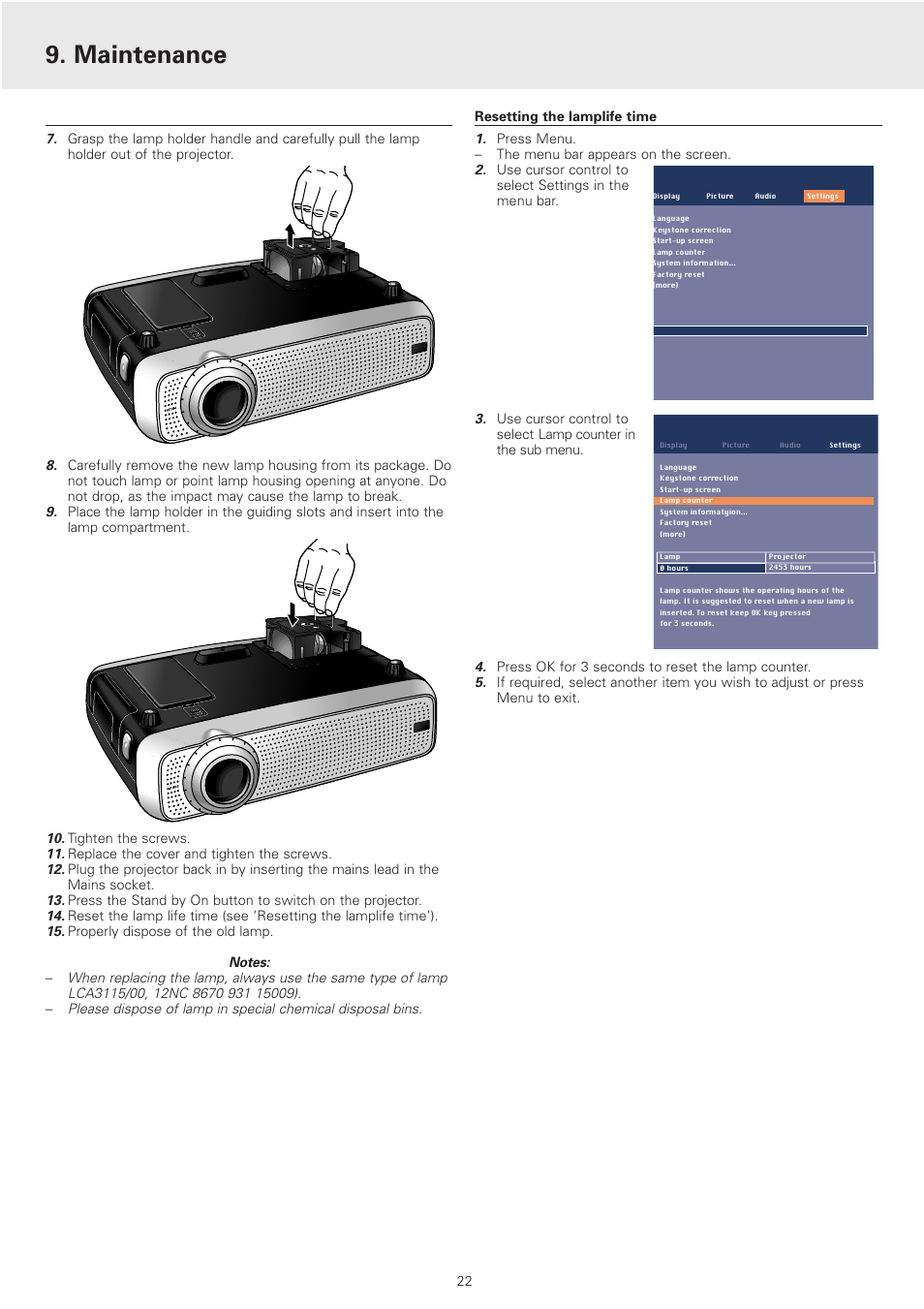 Resetting the lamplife time, Maintenance | Philips cSmart Series User Manual | Page 22 / 23