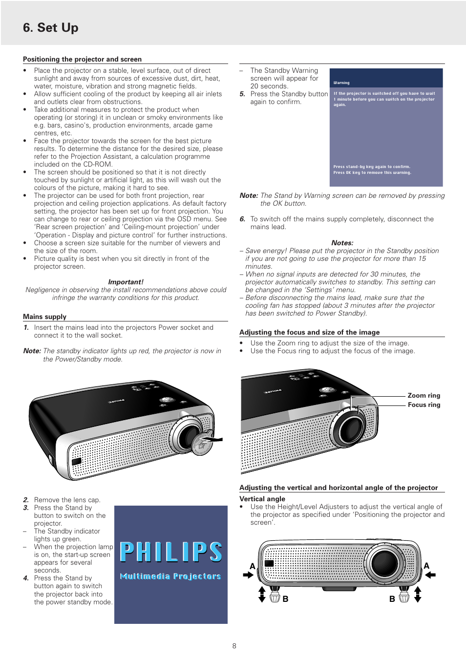 Set up, Positioning the projector and screen, Mains supply | Adjusting the focus and size of the image, Philips | Philips cSmart Series User Manual | Page 8 / 23