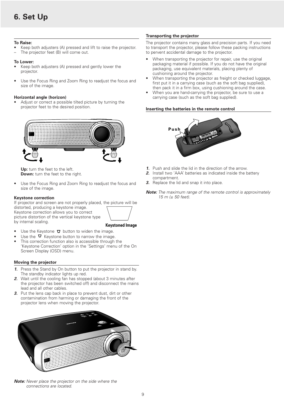 Moving the projector, Transporting the projector, Inserting the batteries in the remote control | Set up | Philips cSmart Series User Manual | Page 9 / 23